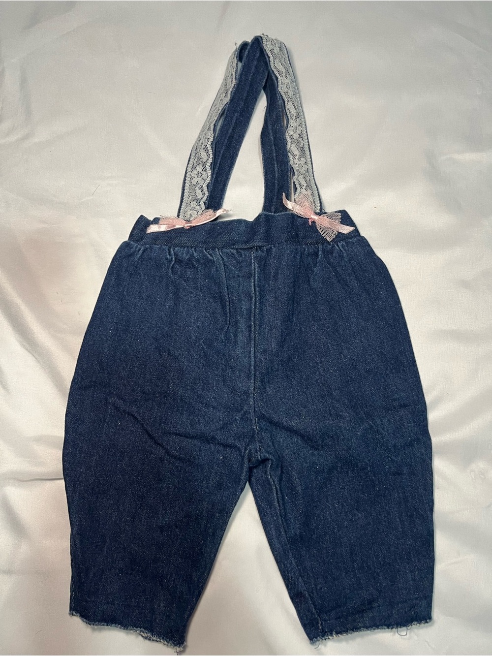 Vintage Baby Girls Blue Denim Lace Overall Romper Suspenders 0-6M Pink Bows